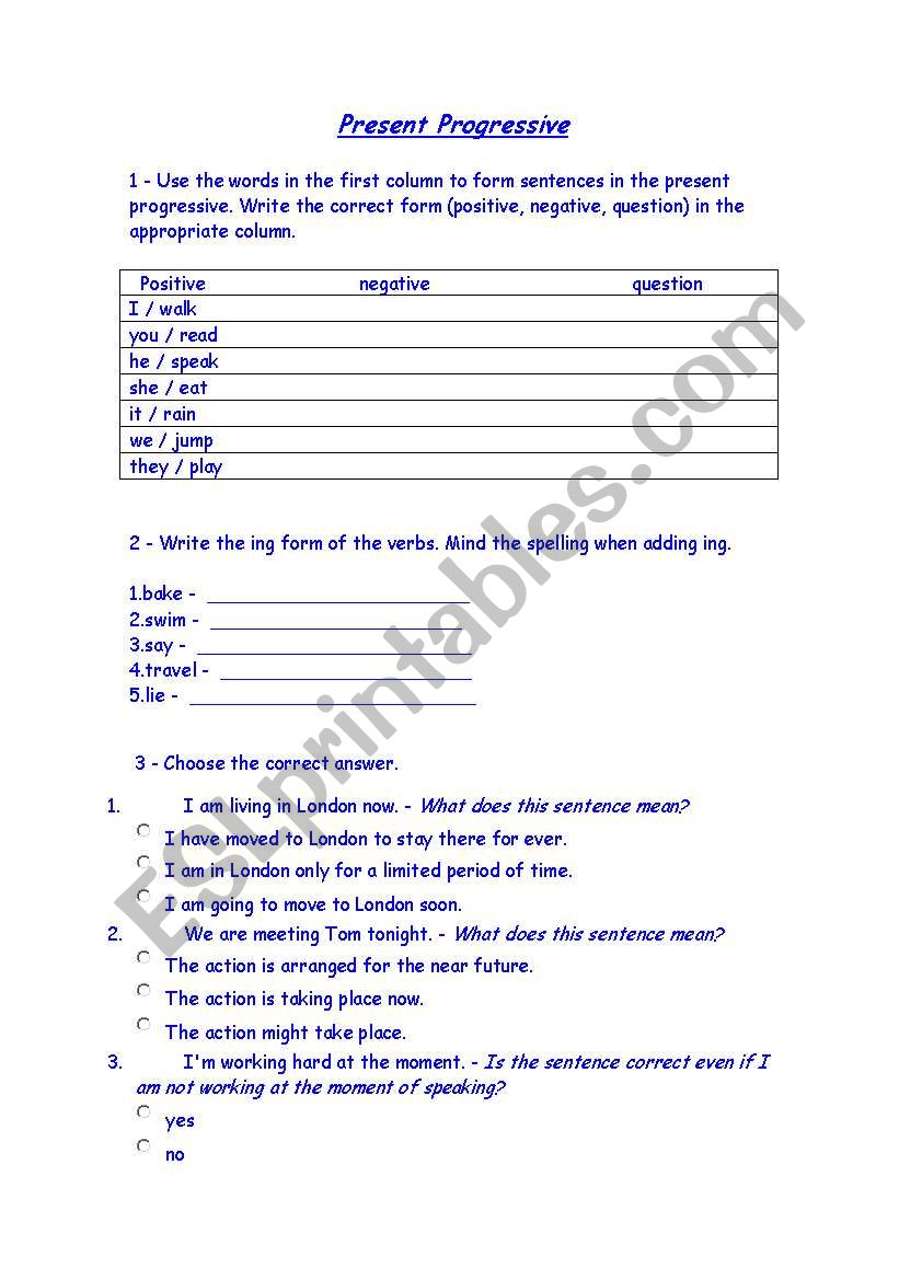 Present Progressive worksheet