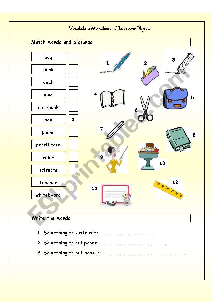 Vocabulary Matching Worksheet - Classroom Objects