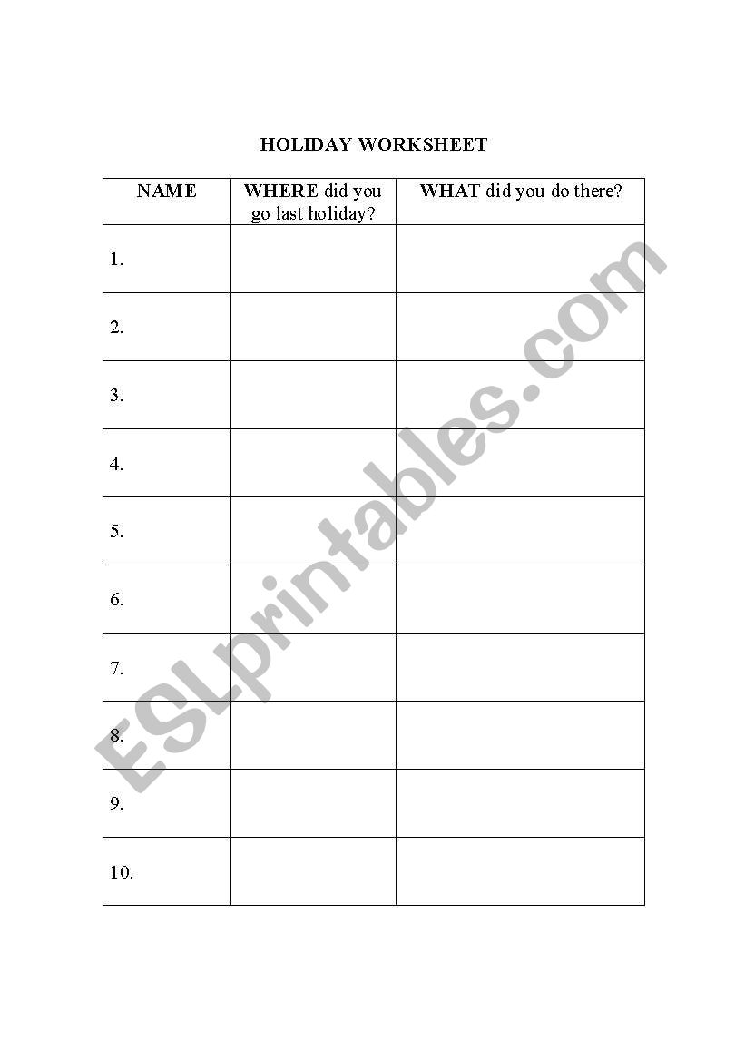 HOLIDAY WORKSHEET worksheet