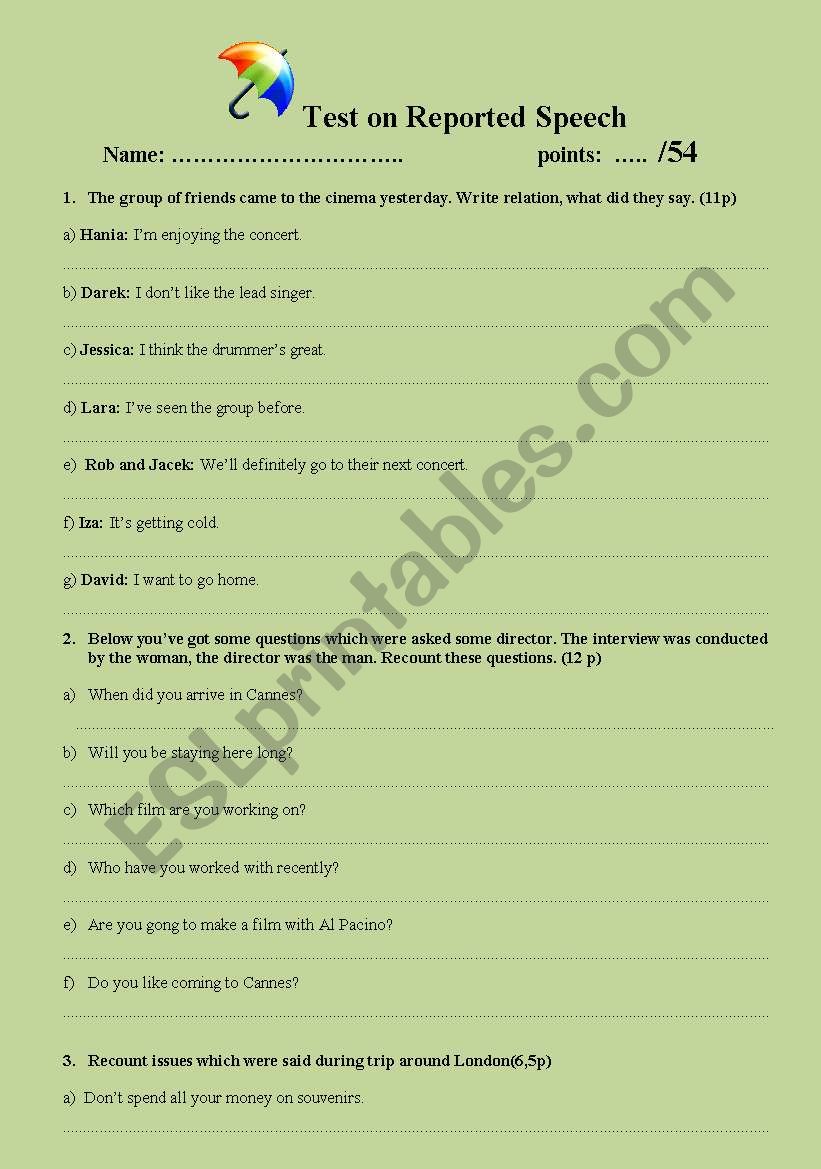 Reported Speech test worksheet