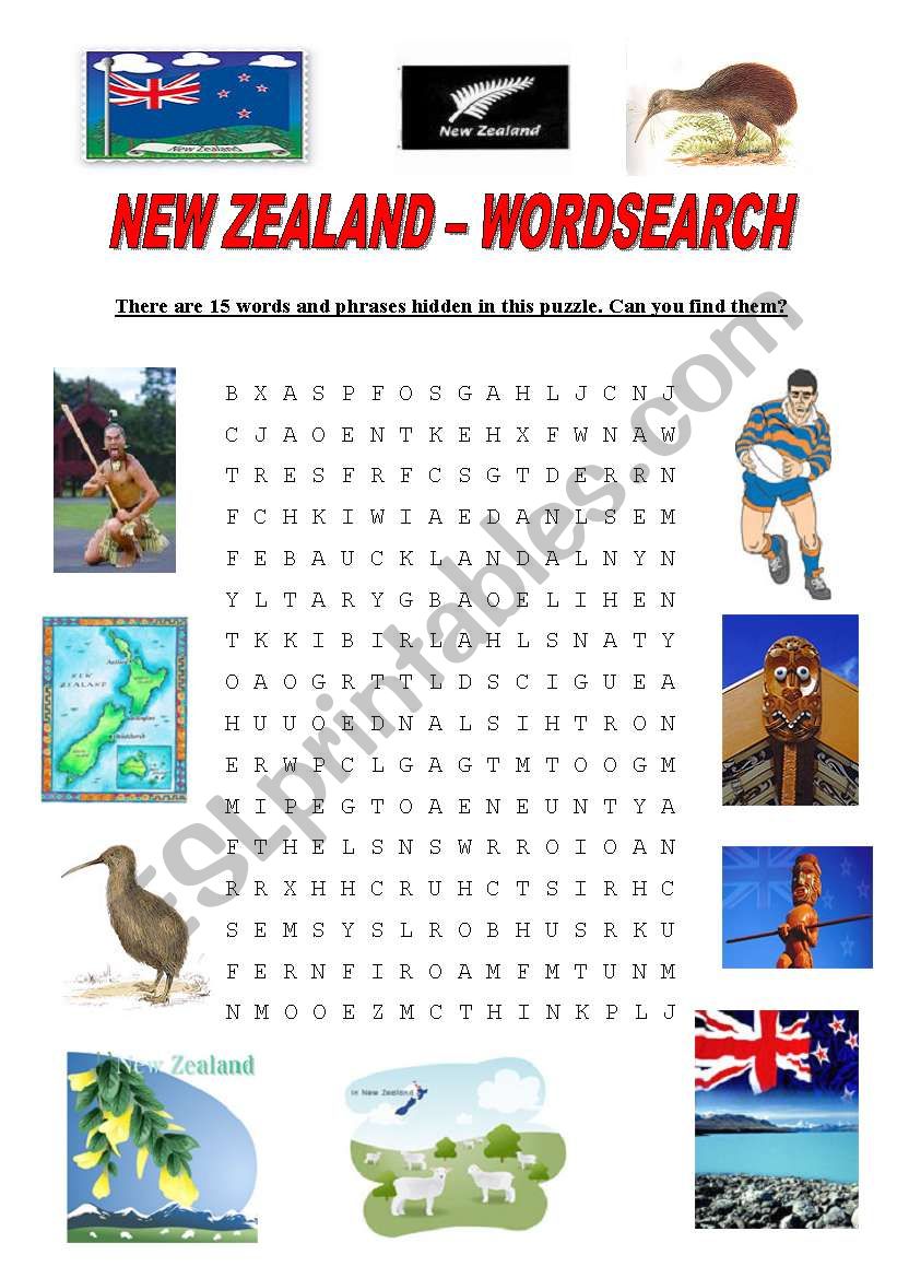 New Zealand - Wordsearch worksheet