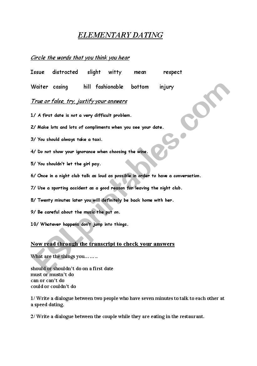 elementary dating  work sheet 