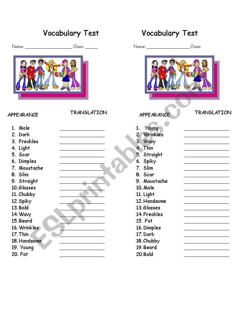 Mini Vocabulary Test on Physical Appearance