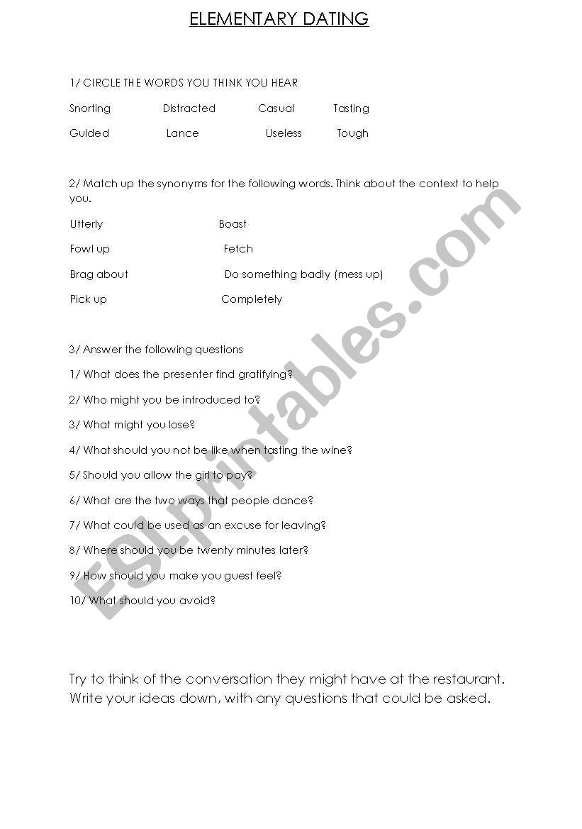 elementary dating worksheet