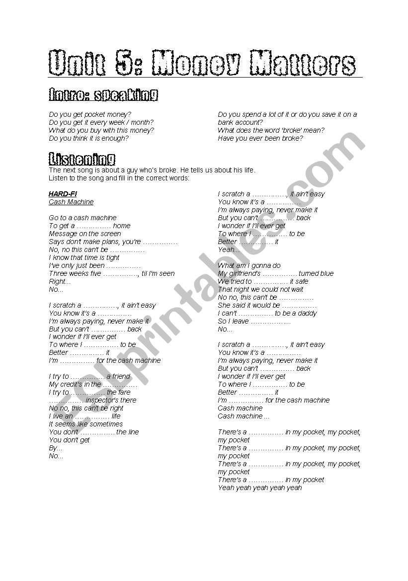 Song: Cash Machine worksheet