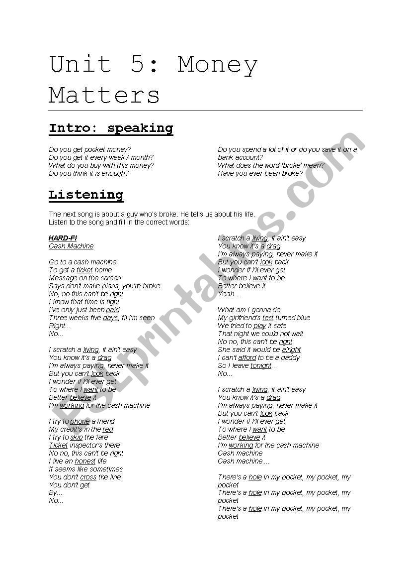 Song: Cash machine solution worksheet