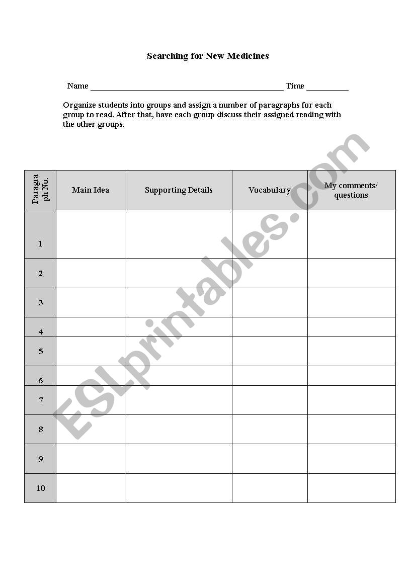 Reading Notes worksheet