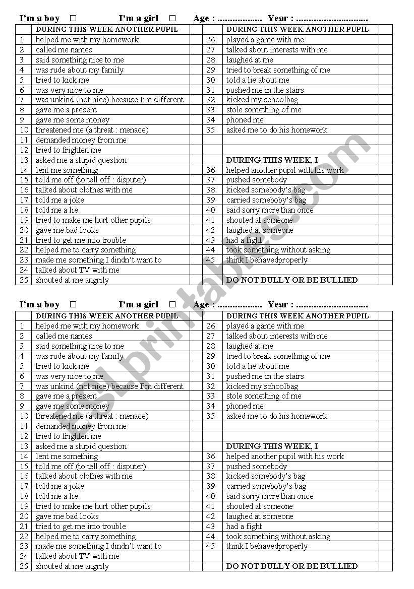 survey about bullying worksheet