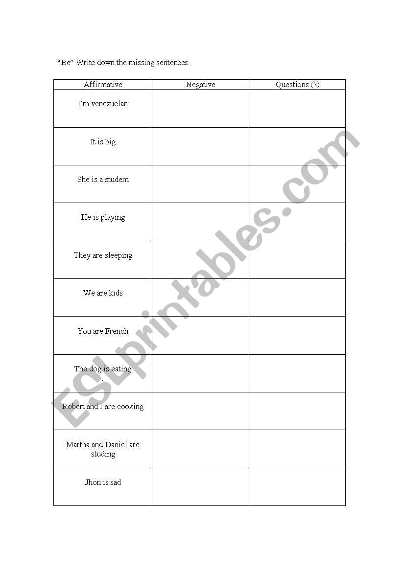 verb to be worksheet