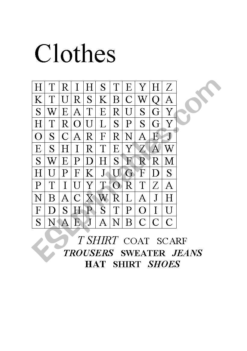 Wordsearch Clothes worksheet