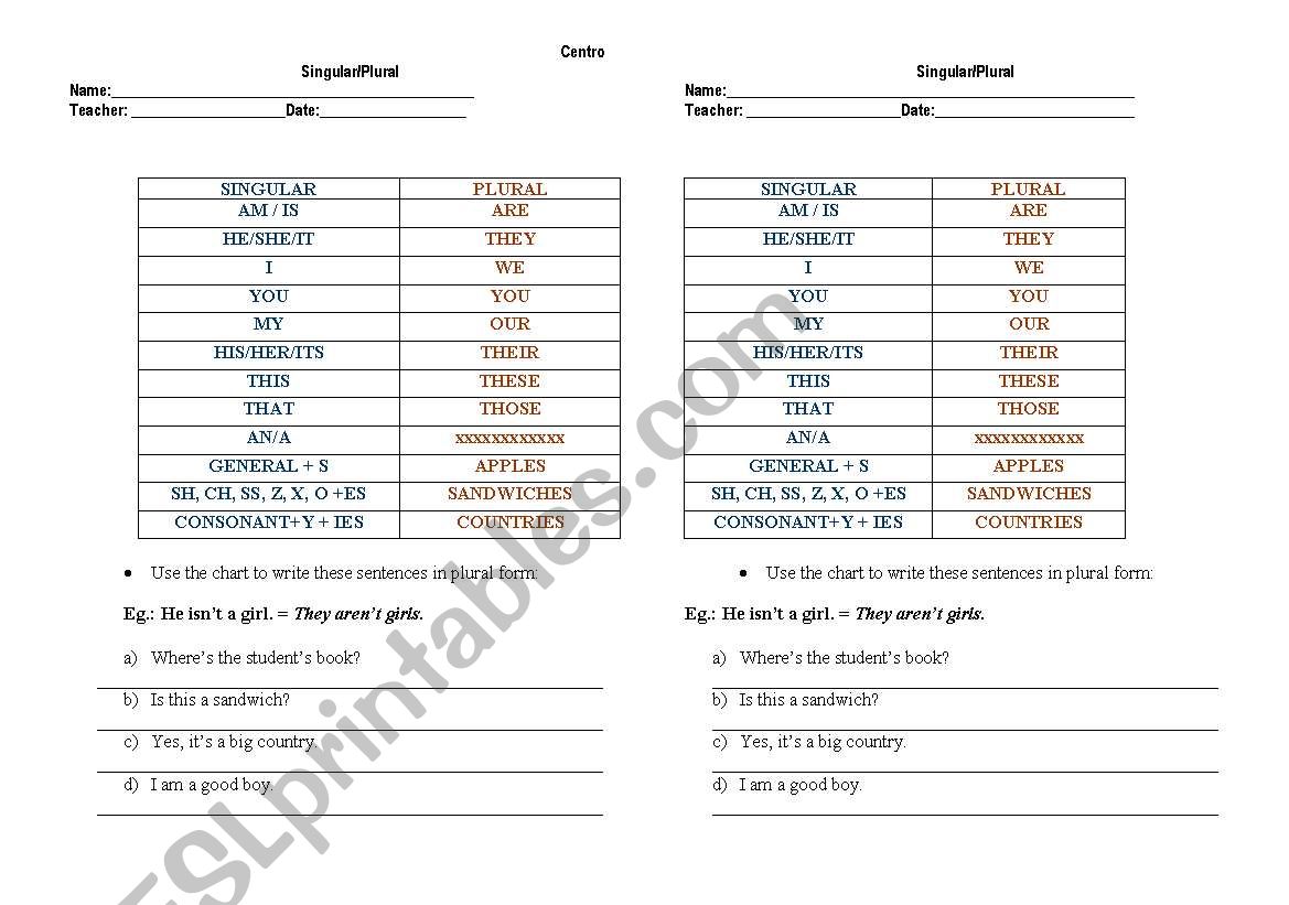 Plurals worksheet