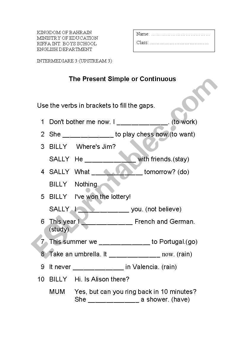 Present simple or continuous worksheet