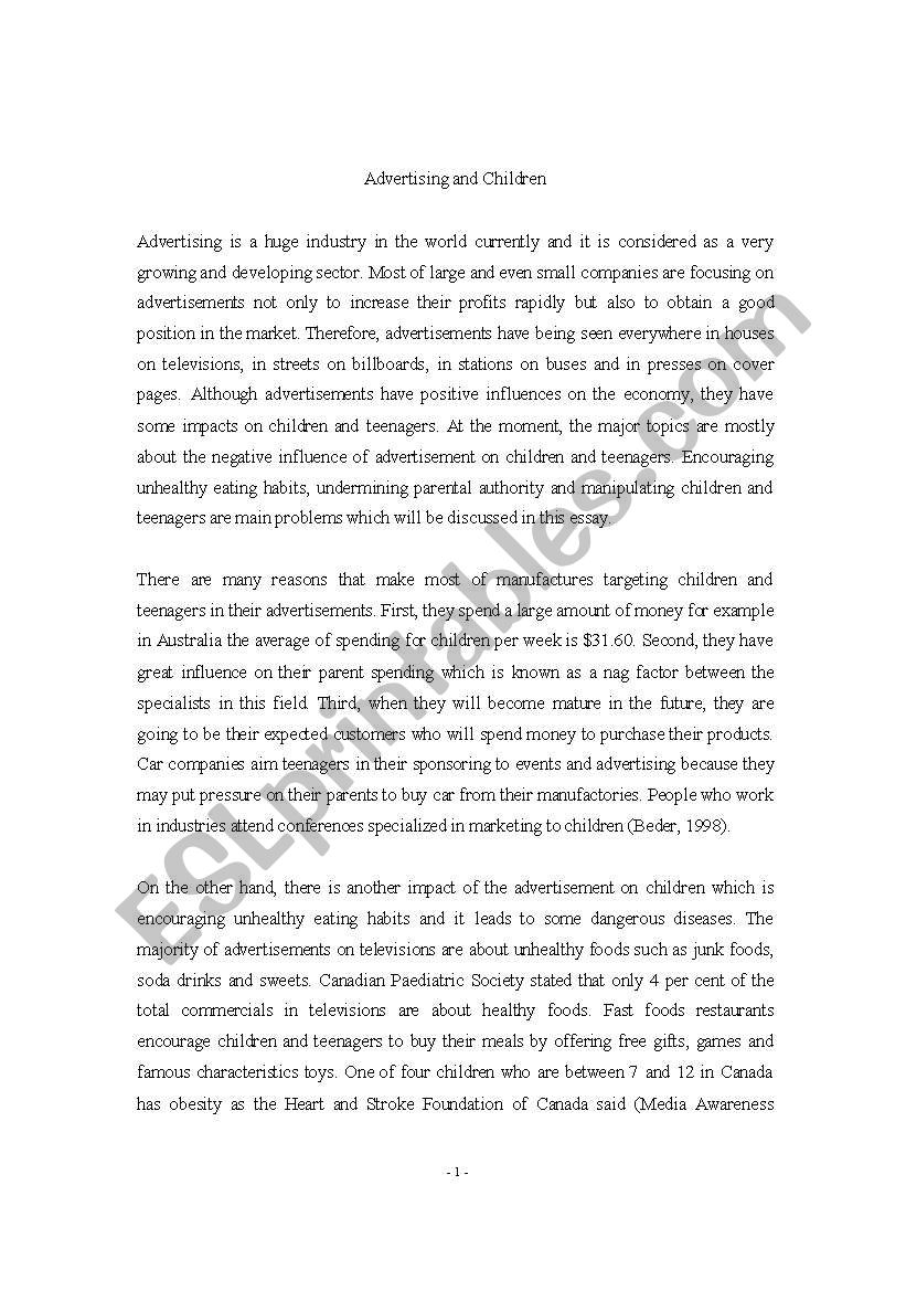Advertising and Children worksheet