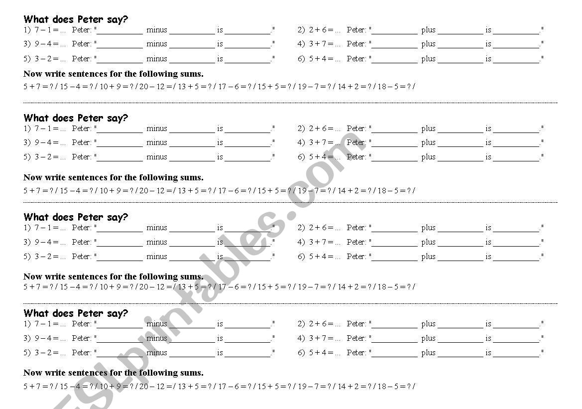 Doing sums (0 - 20) worksheet