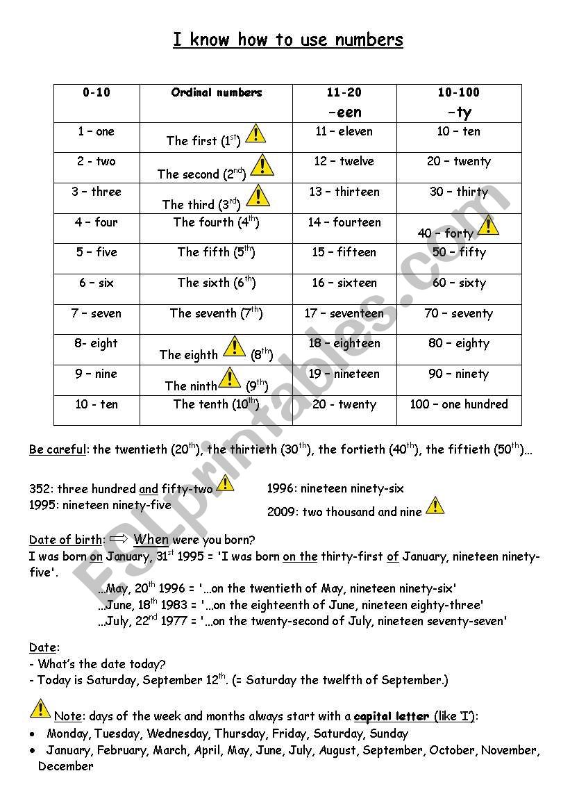 Numbers worksheet