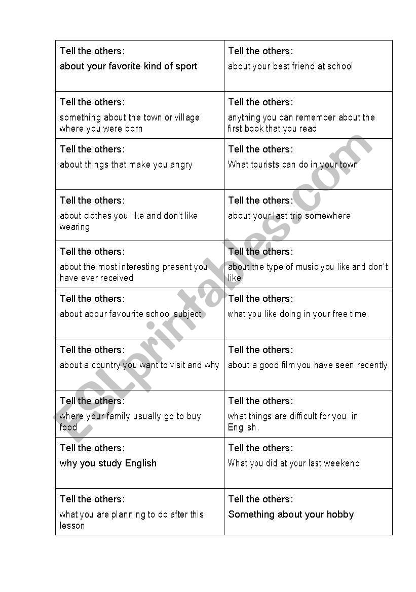 Tell cards worksheet