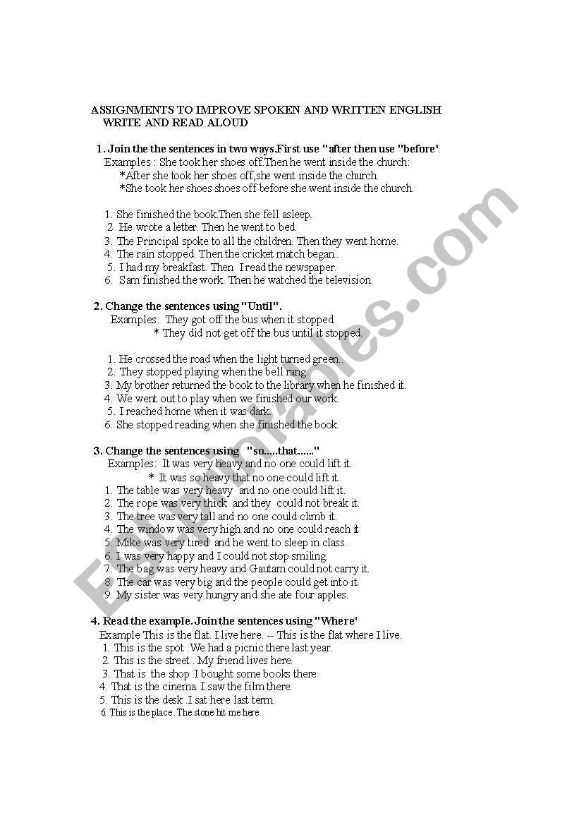 worksheet for spoken and written  english