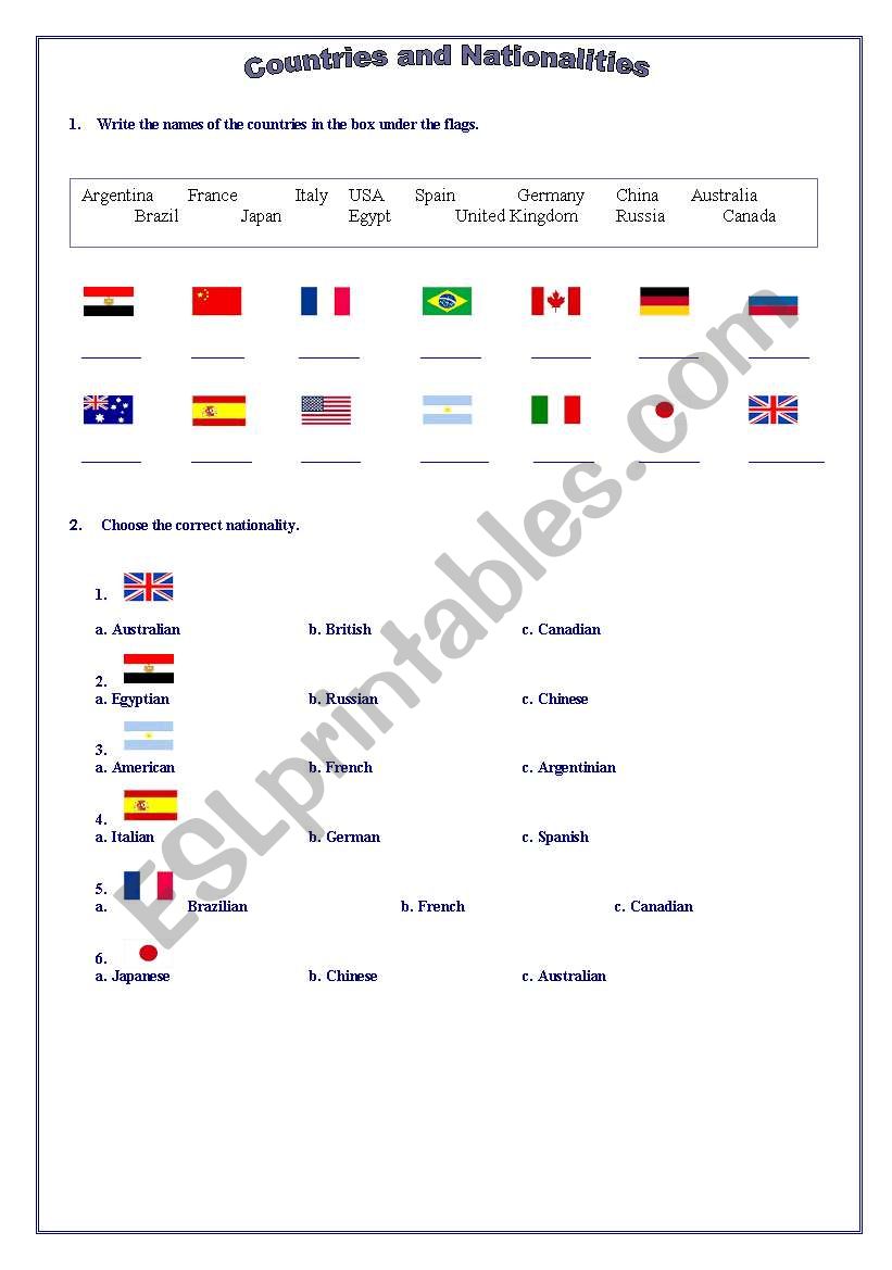 COUNTRIES AND NATIONALITIES worksheet