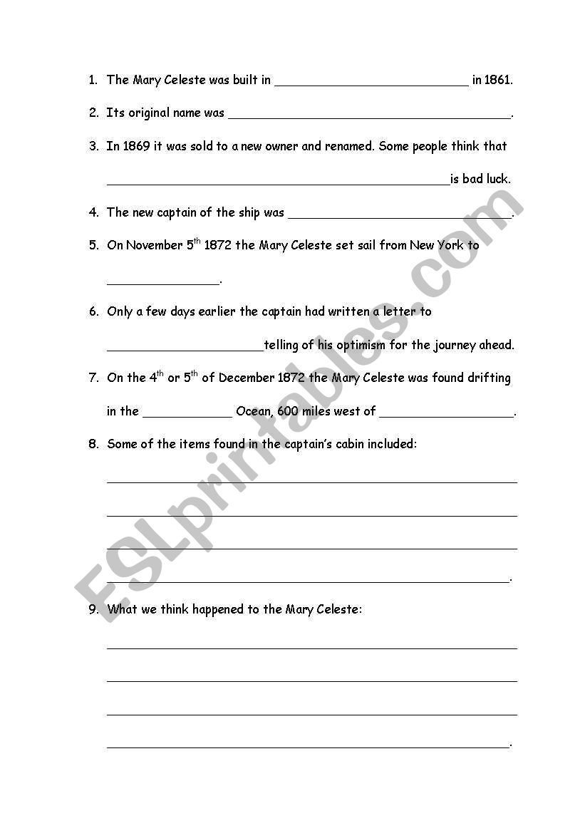 Mary Celeste Cloze Exercise worksheet