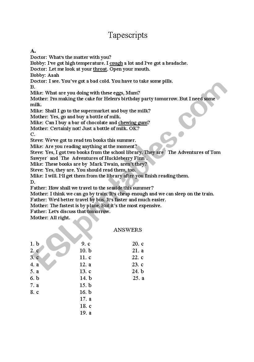 lisrening, reading, grammar worksheet