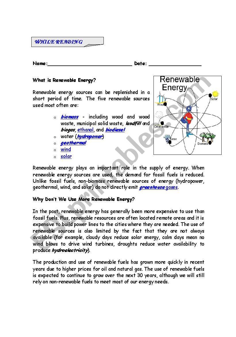 reading renewable energy worksheet
