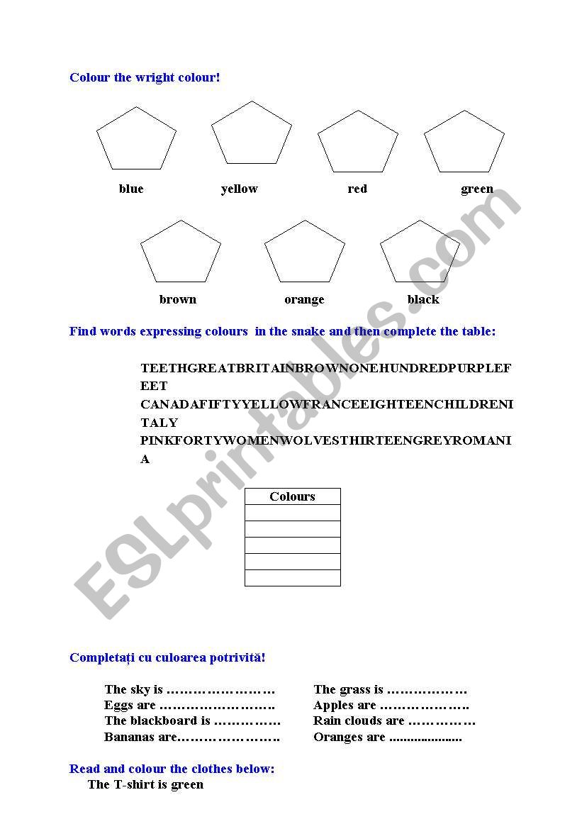 colours worksheet