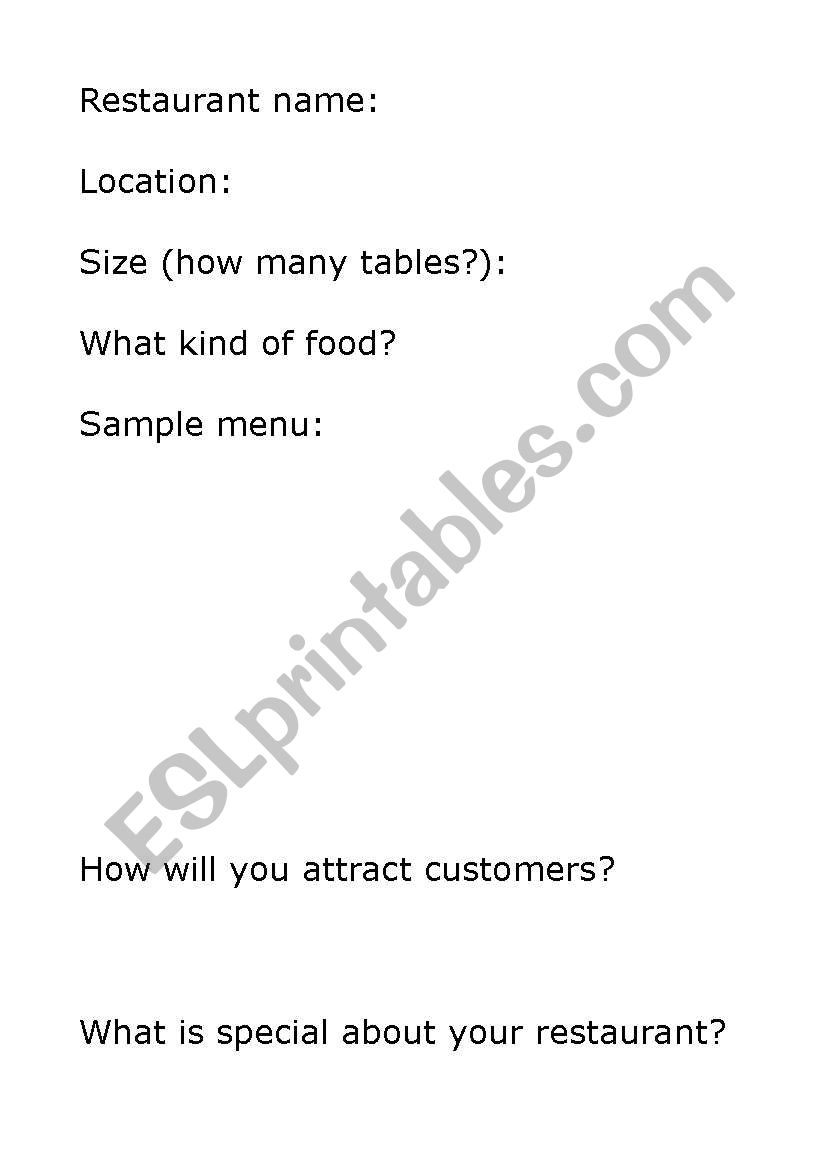 Design a restaurant worksheet
