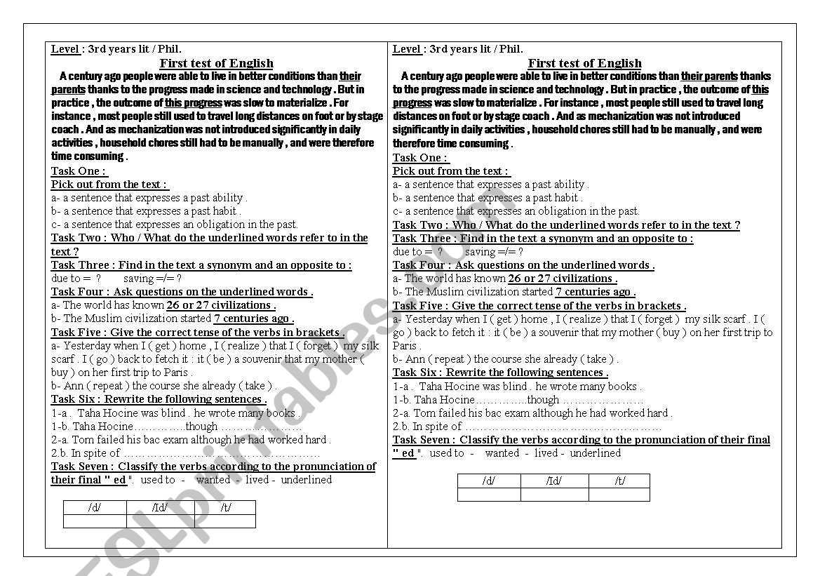 bac paper sample ( Algerian schools )