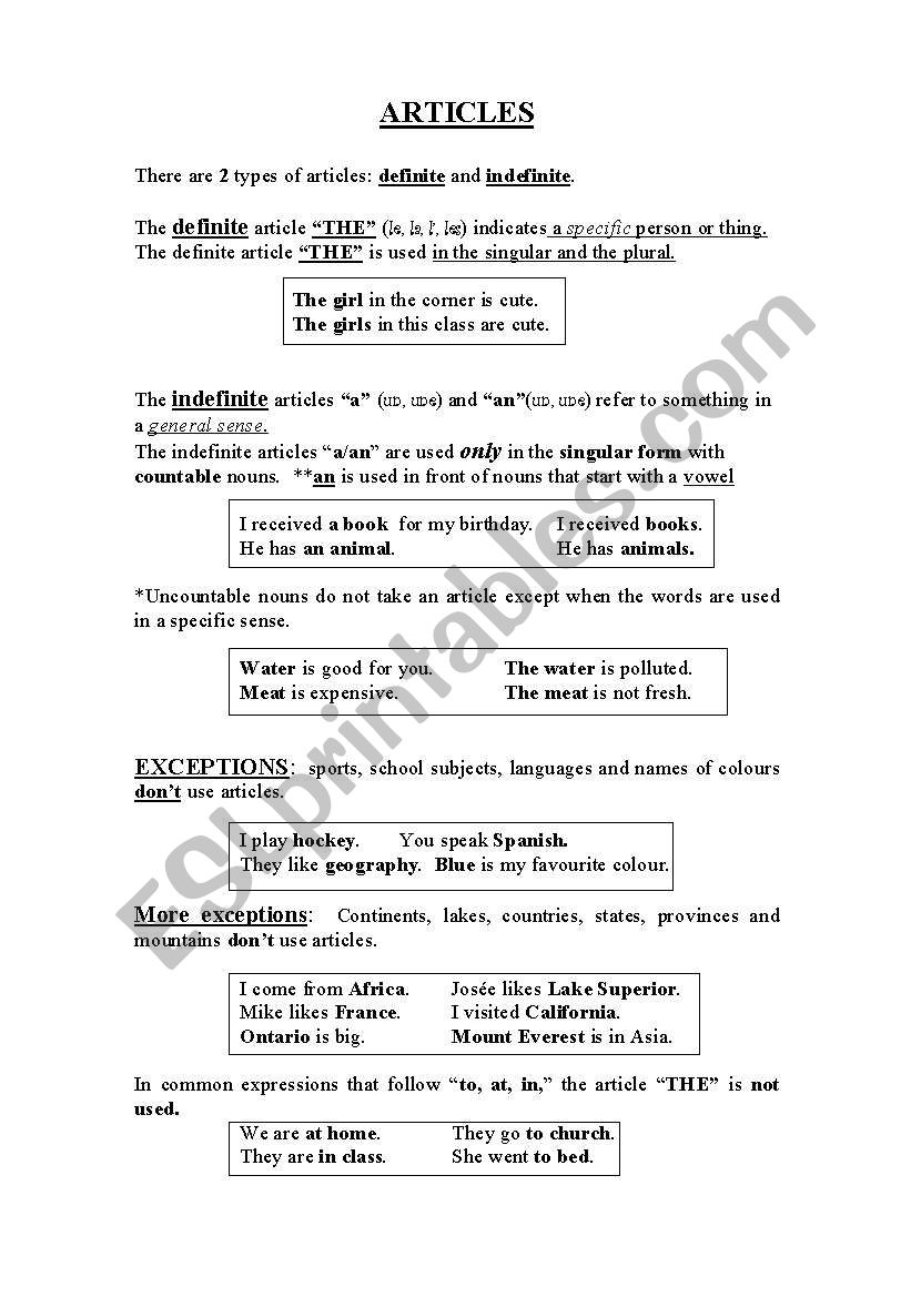 articles worksheet
