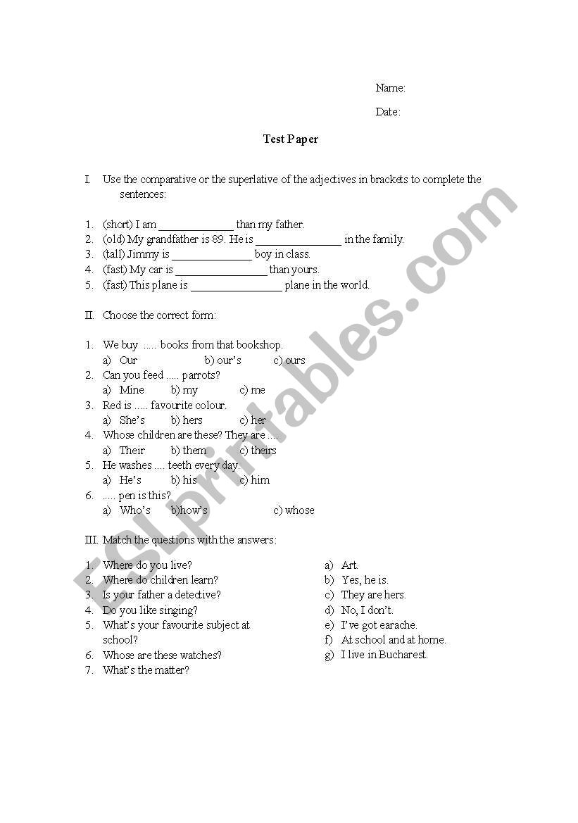 test paper worksheet