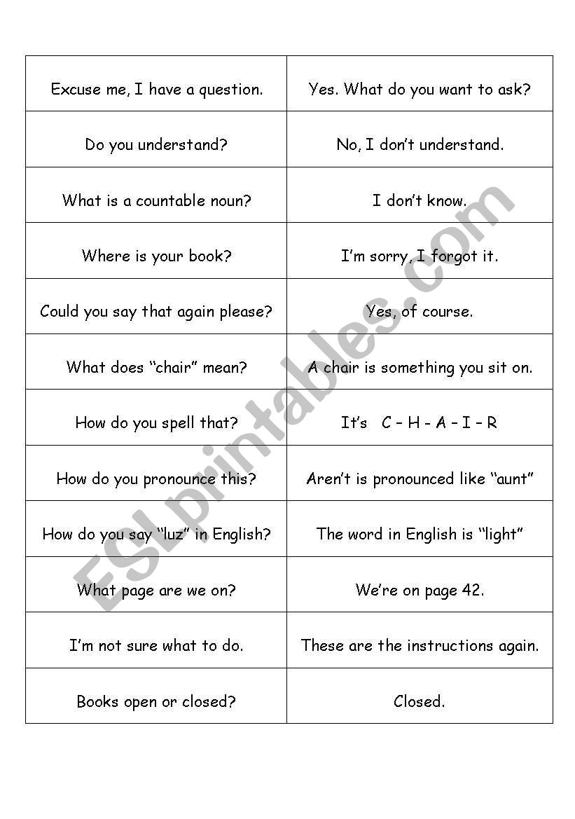 Classroom phrases - matching exercise
