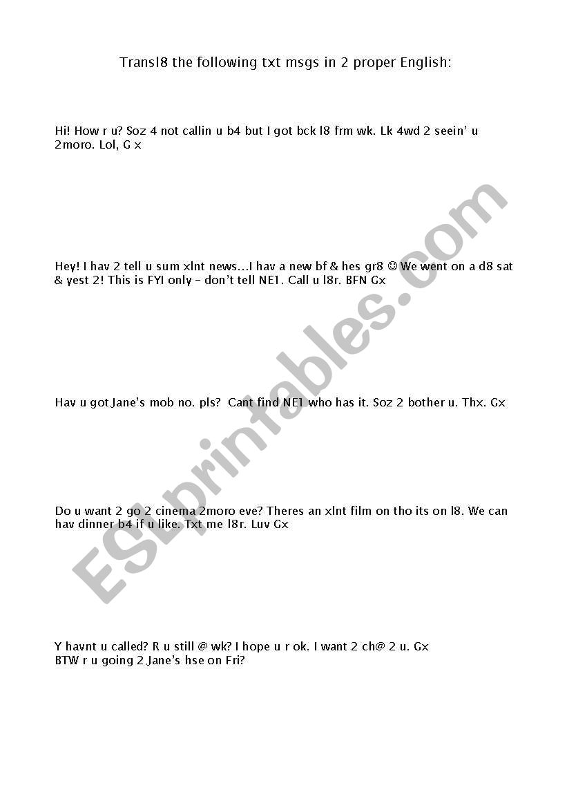 Text Messages Exercise  worksheet