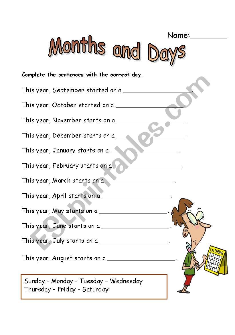 Months and days worksheet