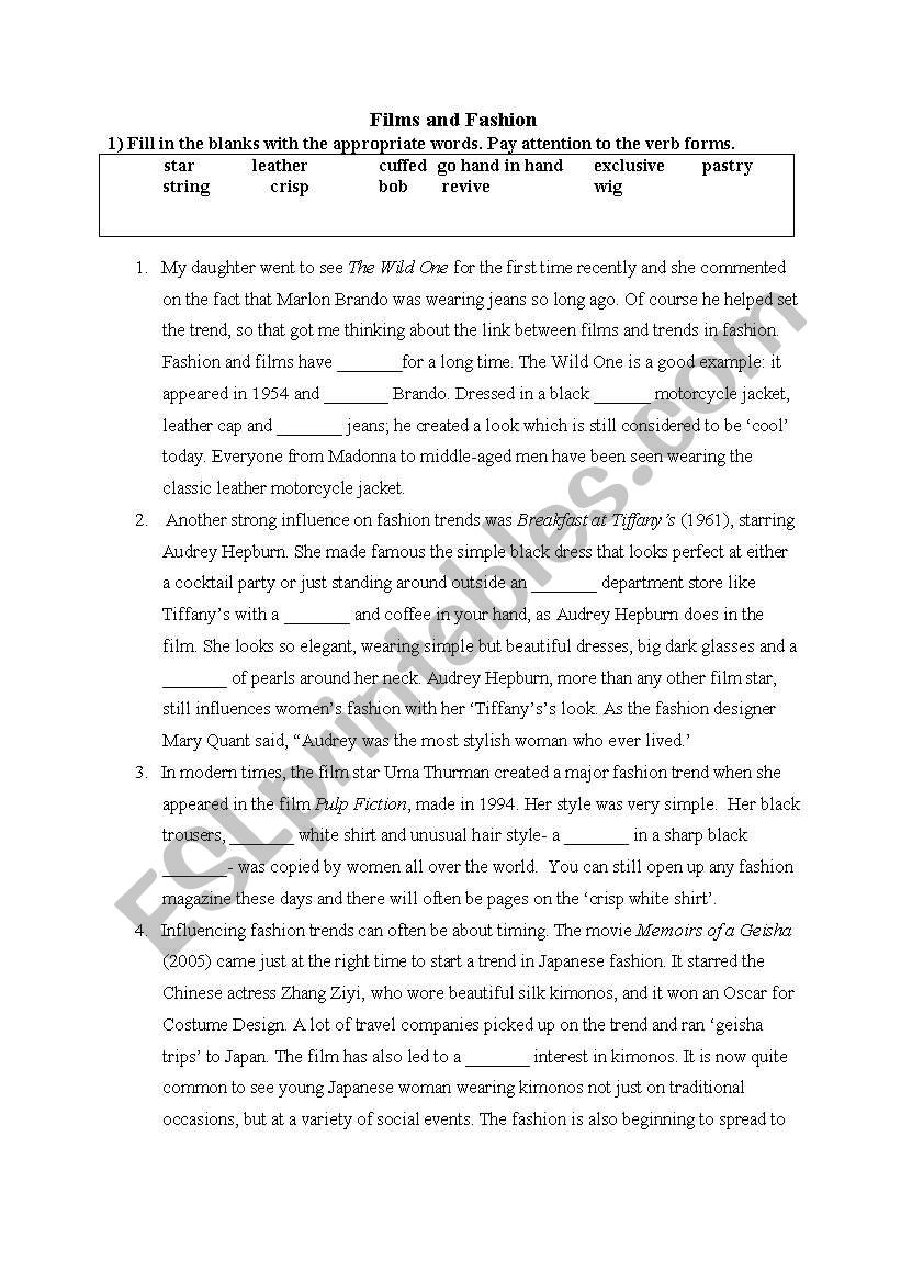 Films and Fashion worksheet