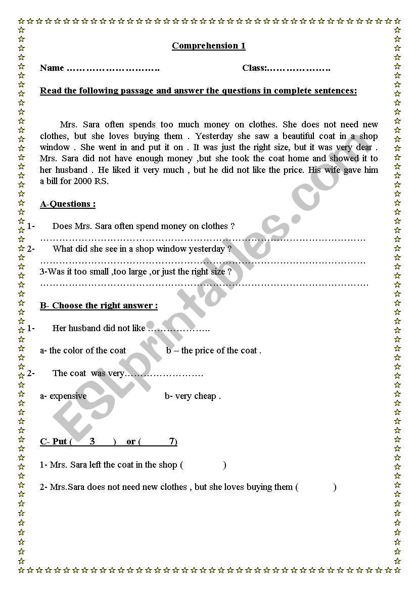 comrehension texts worksheet