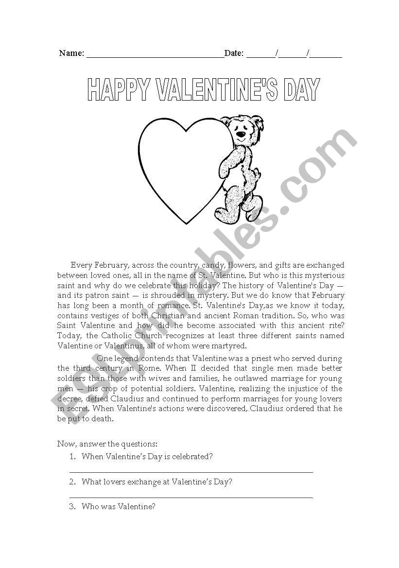 Valentines day worksheet