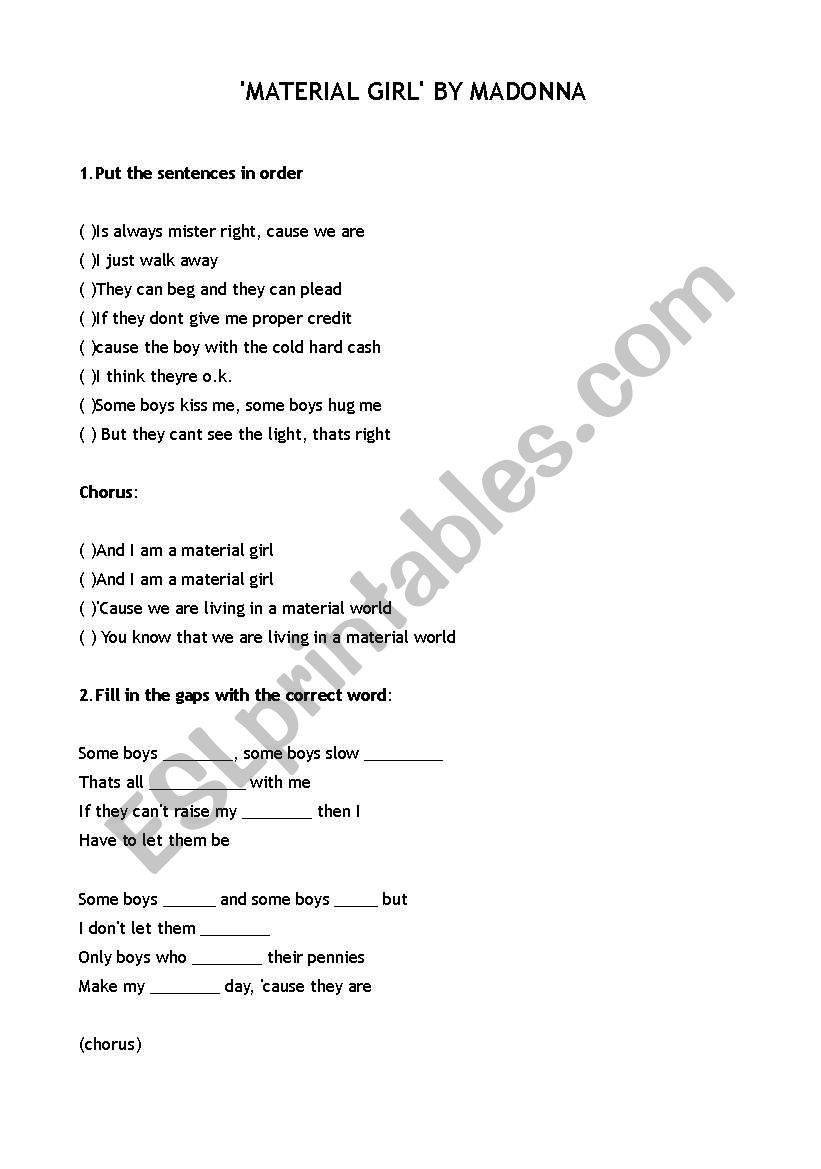 Madonnas Material girl worksheet