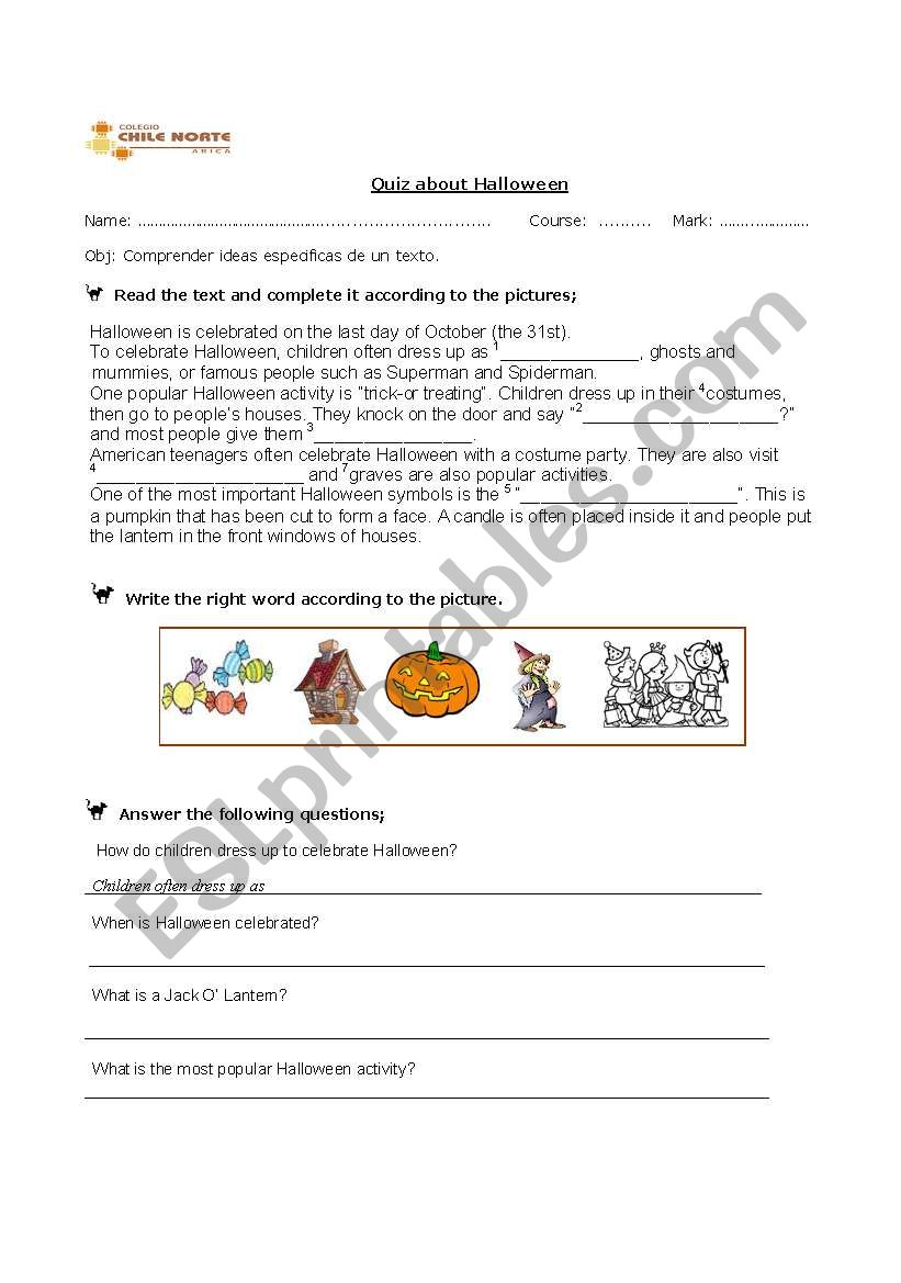 Halloweens text worksheet