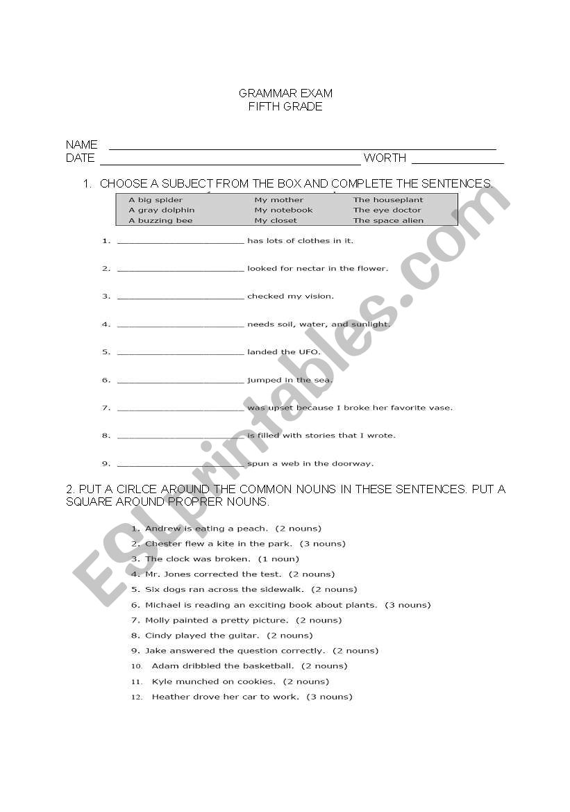 Grammar fifth grade worksheet