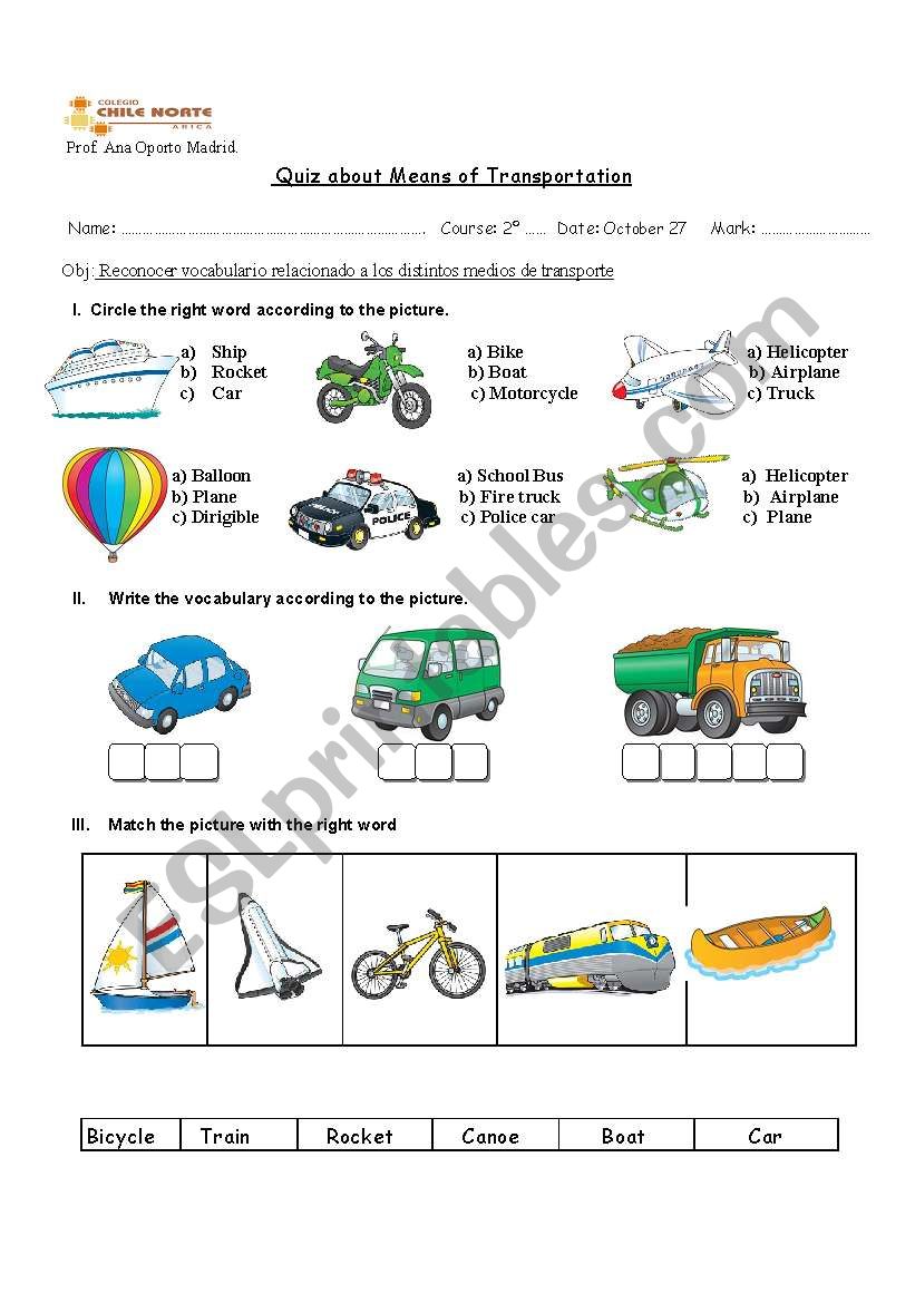 means of transports worksheet