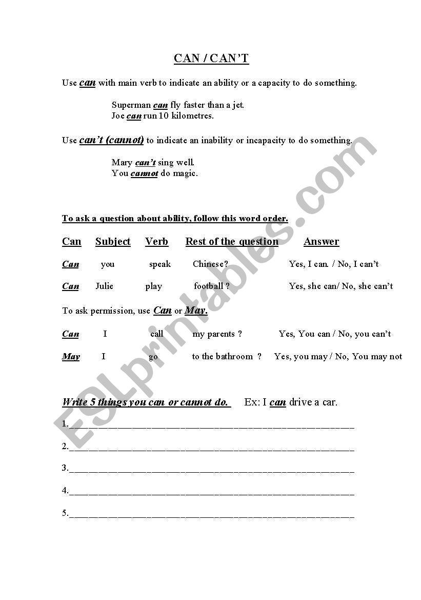 CAN/CANT worksheet