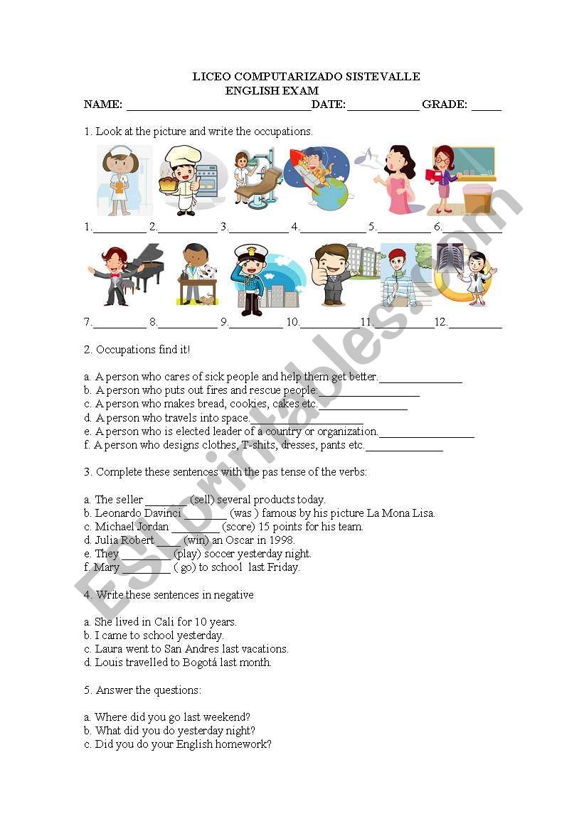 professions and past tense worksheet