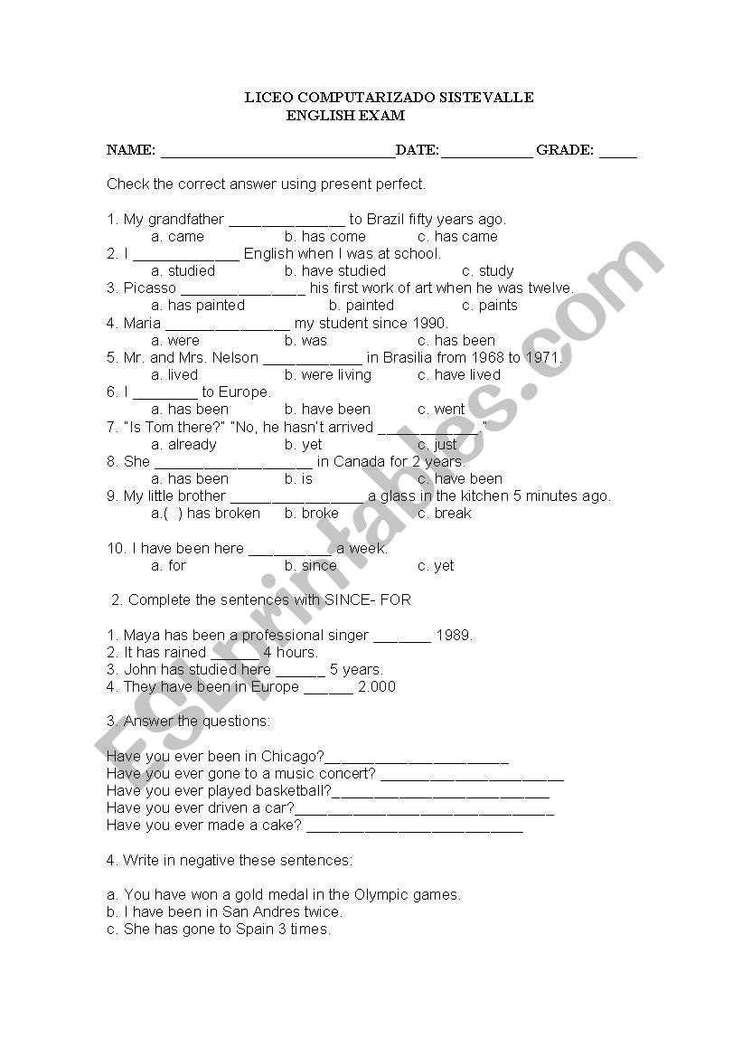 present perfect worksheet