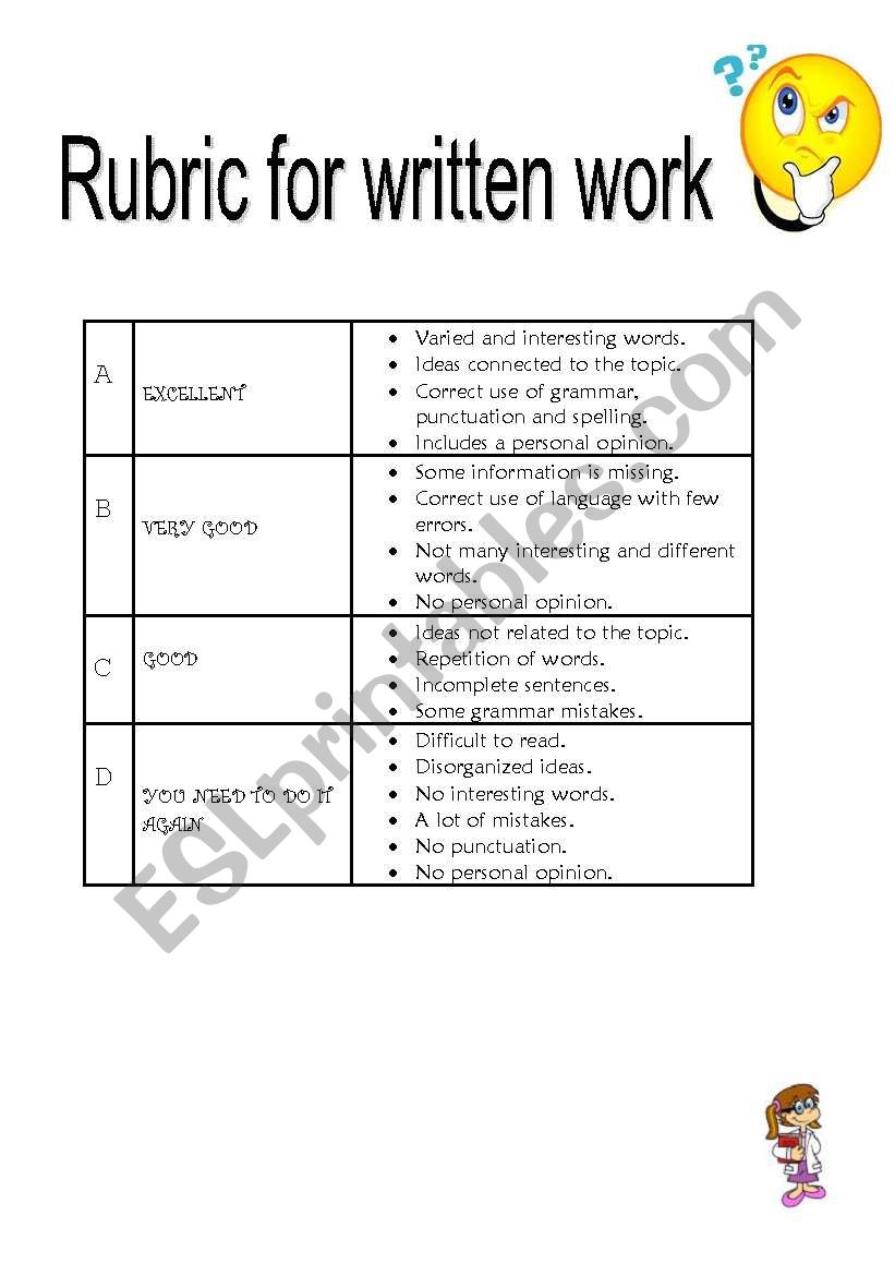 rubric for written work worksheet