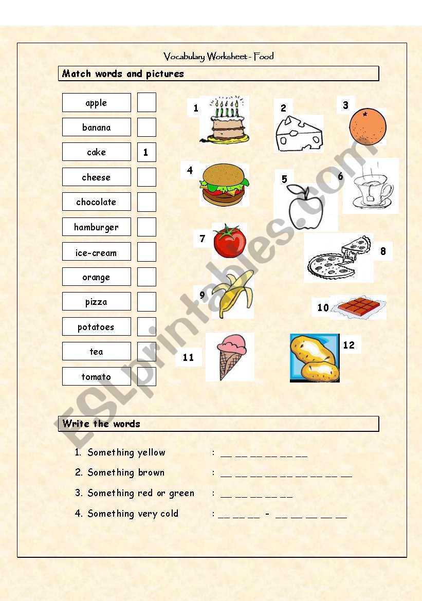 Vocabulary Matching Worksheet - Food