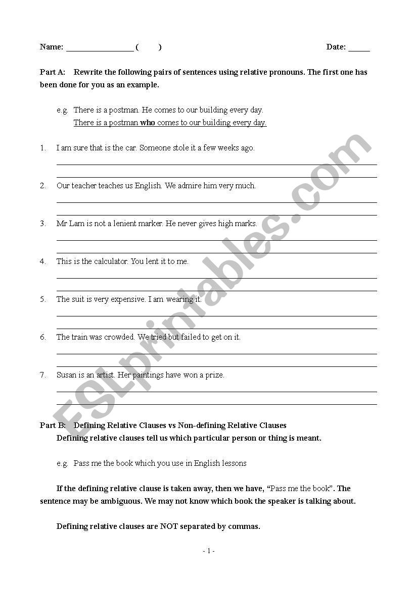 Relative Clauses worksheet