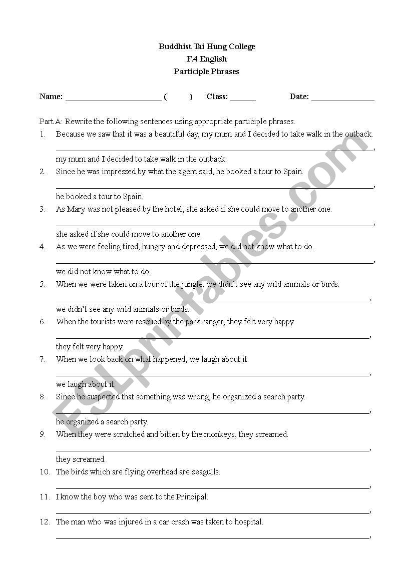 Participle phrases worksheet