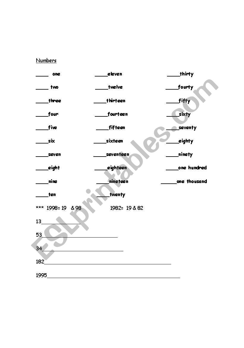 numbers worksheet