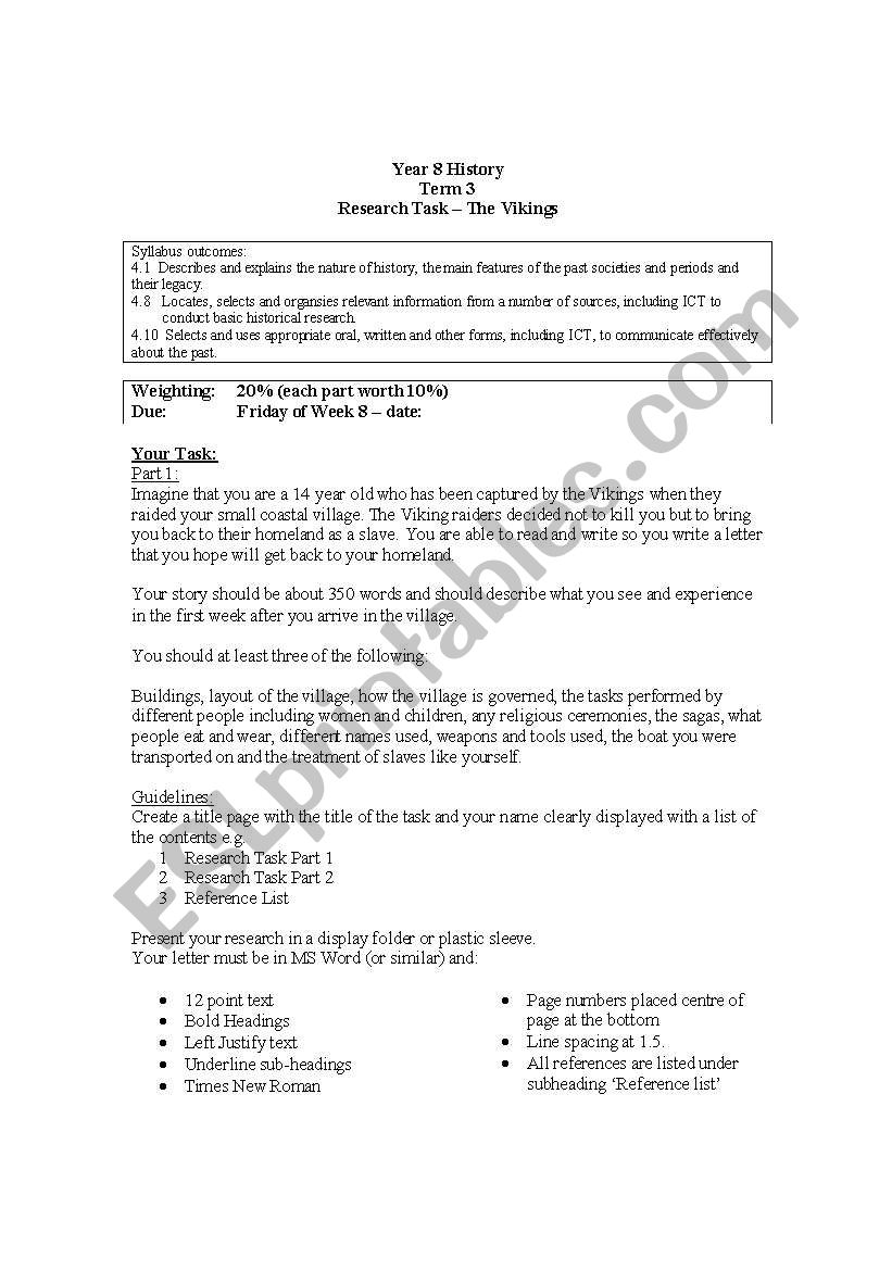 Vikings Assessment task worksheet