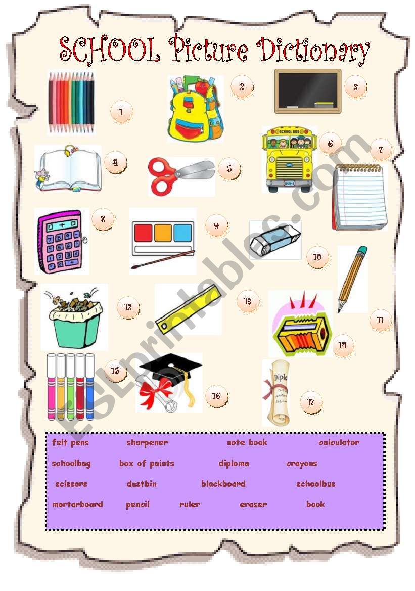 school picture dictionary worksheet